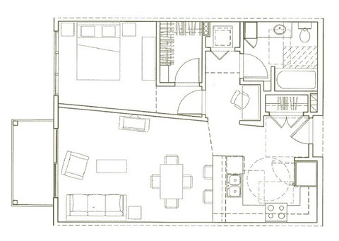 Floor plan for 1 bed, 1 bath, 738 sqft